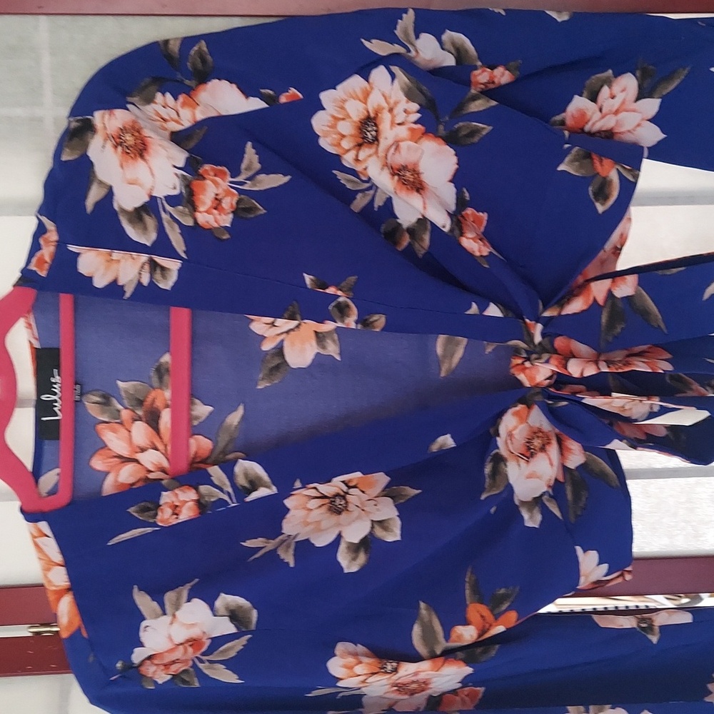 Lulus Dewitt Royal Blue Floral Print Wrap Tie Crop Top Sz M